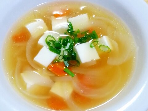 レンジ蒸し鶏の煮汁活用♡玉葱と豆腐のスープ♡無添加